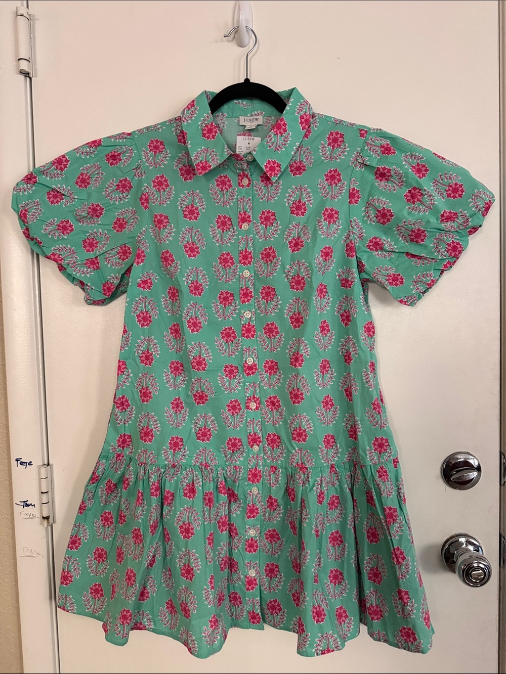 J. Crew Mint Green Short-Sleeve Floral Button Dress